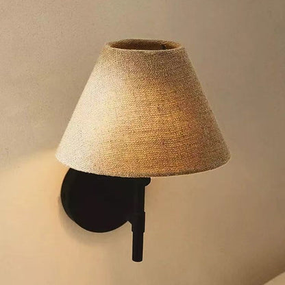 Wall Light | Linen Coolie Shade Sconce with Black Arm for Bedside, Hallway & Living Room | Beige or White Fabric, Warm White LED, 21cm