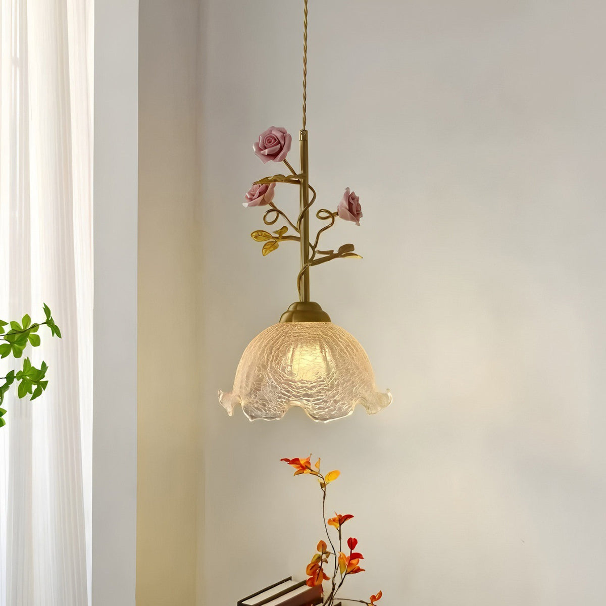 Pendant Light | French Rose Glass Bedside Lamp for Bedroom, Hallway & Dressing Room | Vintage Brass Floral, Ribbed Shade, E27 Bulb Included, 22cm