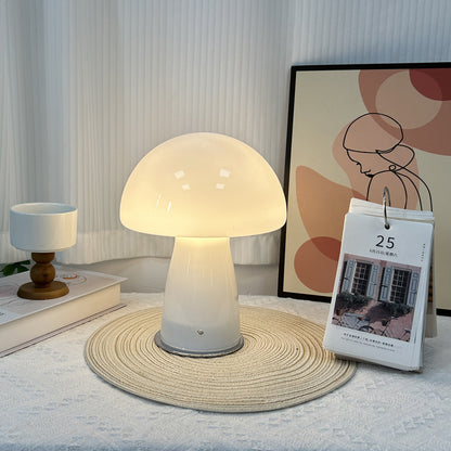 Mushroom Table Lamp | Glass Bedside Lamp for Bedroom, Living Room & Desk | Retro Orange or Opal White Glass, 28cm, Warm LED, UK Plug