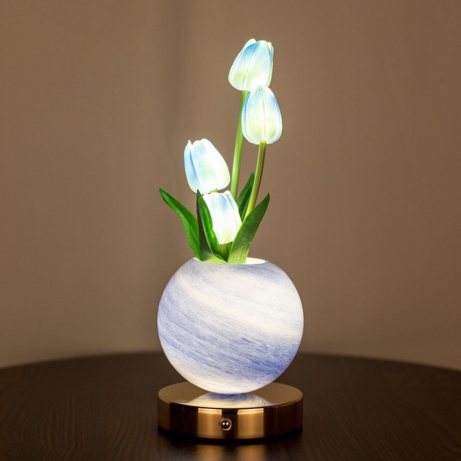 Tulip Lamp | Rechargeable Glass Flower Night Light for Bedside & Desk | Touch Dimmable, 3 Light Colours, Pink, Blue, White, Orange or Purple, 30cm