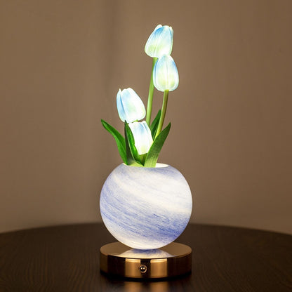 Tulip Lamp | Rechargeable Glass Flower Night Light for Bedside & Desk | Touch Dimmable, 3 Light Colours, Pink, Blue, White, Orange or Purple, 30cm