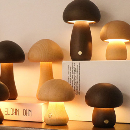 Mushroom Lamp | Solid Wood Rechargeable Night Light for Bedroom, Nursery & Shelf | Cordless Touch Dimmable, Beech or Walnut, 10.5cm or 16cm