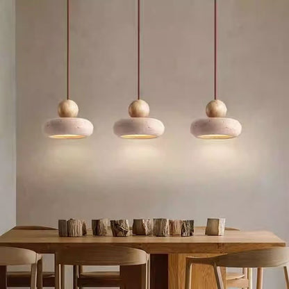 Pendant Light | Travertine Stone Saucer Lamp for Bedside, Hallway & Kitchen | Japandi Wabi Sabi, Walnut or Natural Wood, Warm or 3-Colour LED, 15cm