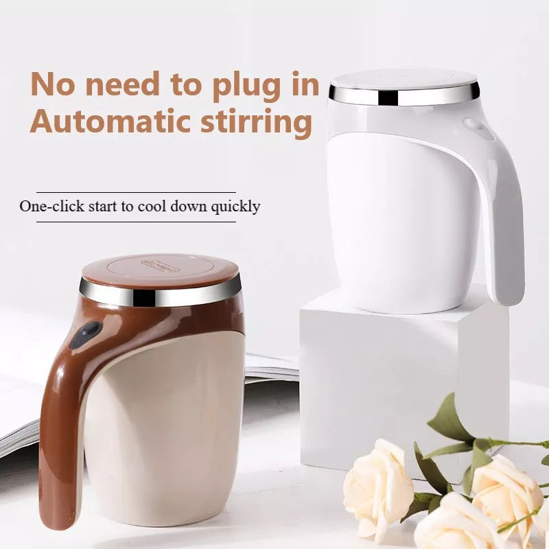 Self stirring mug showing swirl mixing action
