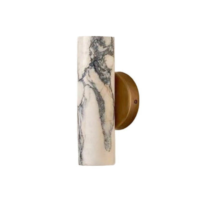 Wall Light | Natural Marble Up & Down Cylinder Sconce for Hallway, Bedroom & Living Room | Brass-Tone Back Plate, Warm LED, 24cm