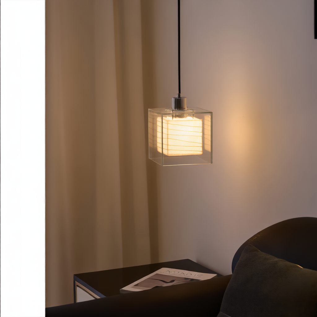 Pendant Light | Glass & Paper Cube Lamp for Bedside, Bar & Kitchen Island | Japandi Clear Glass Box with Rice-Paper Shade, E27 LED, 15cm x 18cm