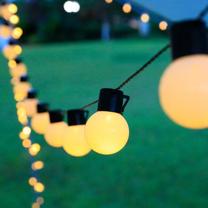Solar festoon fairy lights close-up showing LED bulb detail