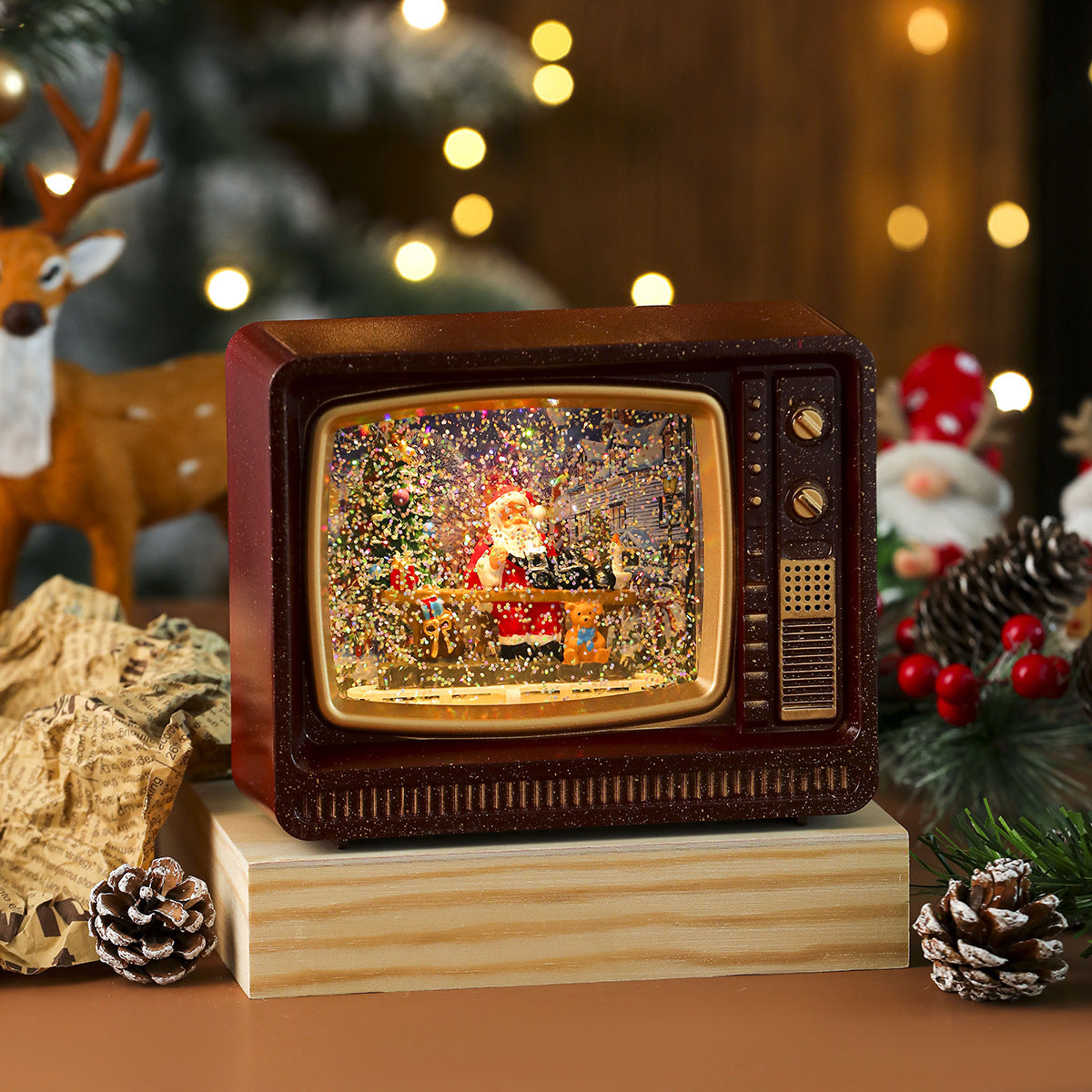 Musical Christmas Snowfall TV Lantern – Red, Father Christmas