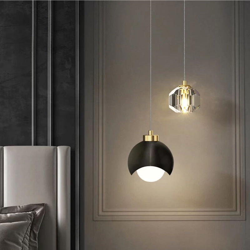 Pendant Light | Two-Light Bedside Lamp with Crystal Drop for Bedroom, Hallway & Stairwell | Black or Gold Metal Dome, G9 + E27, Bulbs Optional, 2m