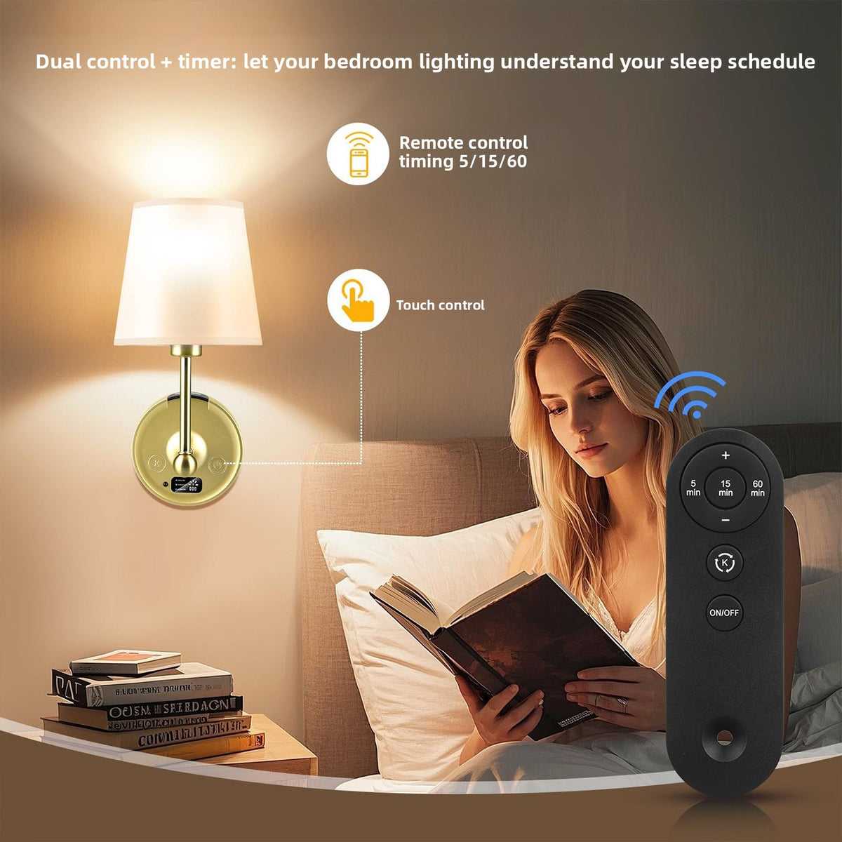 Rechargeable Brass Wall Sconce with Fabric Shade & Remote for Bedside, Bedroom & Living Room – photo 5
