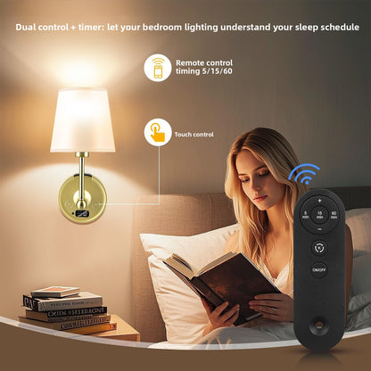 Rechargeable Brass Wall Sconce with Fabric Shade & Remote for Bedside, Bedroom & Living Room – photo 5