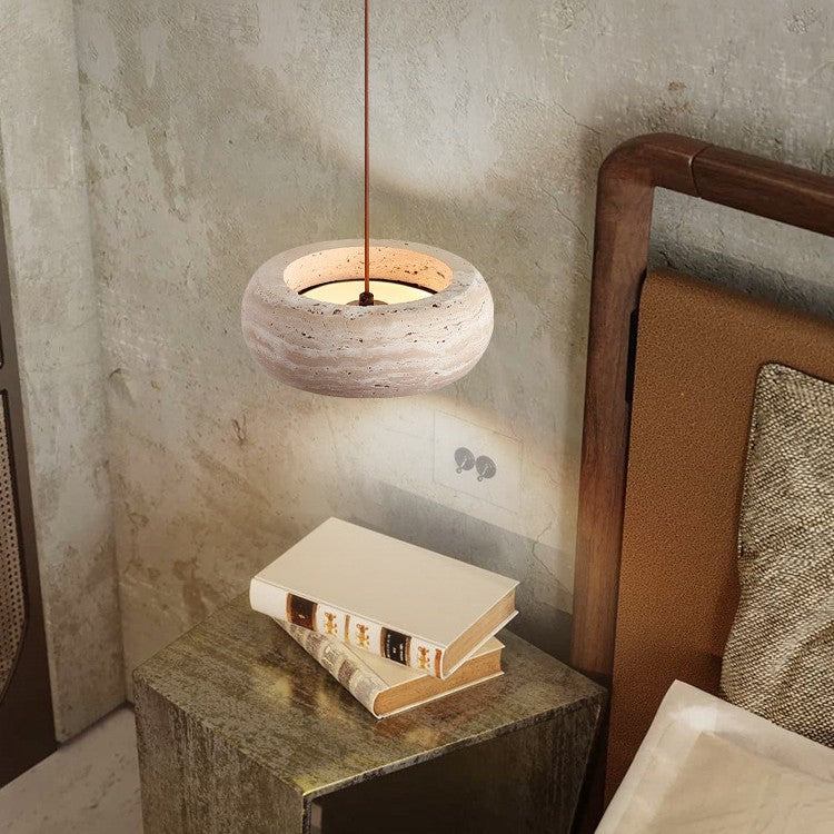 Pendant Light | Travertine Stone Disc Lamp for Bedside, Kitchen Island & Dining Table | Natural Travertine, Wabi Sabi, 3-Colour or Dimmable LED, 20cm