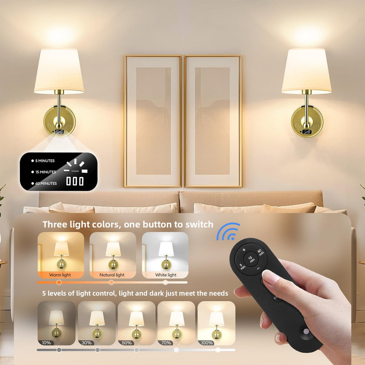 Rechargeable Brass Wall Sconce with Fabric Shade & Remote for Bedside, Bedroom & Living Room – photo 4