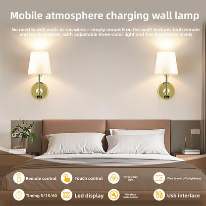 Rechargeable Brass Wall Sconce with Fabric Shade & Remote for Bedside, Bedroom & Living Room – photo 3