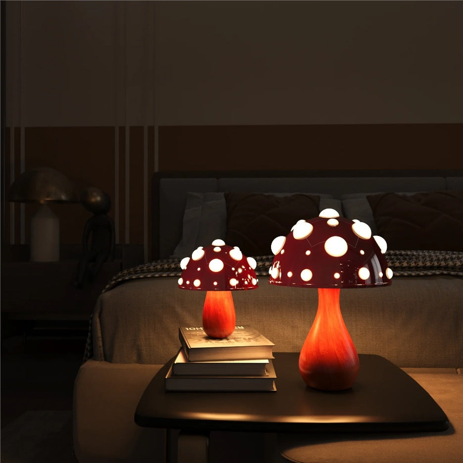 Mushroom Table Lamp | Red Toadstool Bedside Lamp for Bedroom, Kids Room & Living Room | 3-Colour Dimmable LED, White, Wood or Dark Gold, UK Plug
