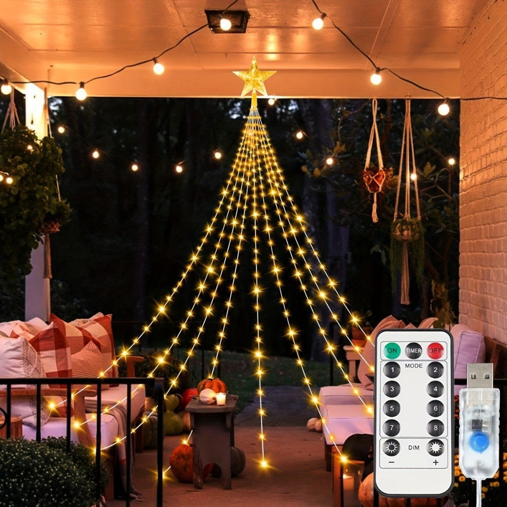 Star waterfall Christmas lights – warm white, USB version with remote, on a patio
