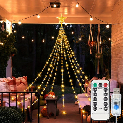 Star waterfall Christmas lights – warm white, USB version with remote, on a patio