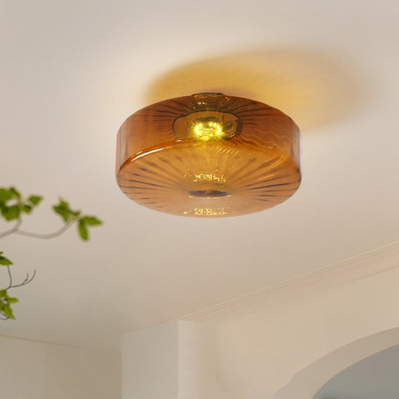 Flush Ceiling Light | Vintage Amber Ribbed Glass Lamp for Hallway, Bedroom, Kitchen & Landing | Retro Corrugated Shade, 3-Colour LED, 20cm or 28cm