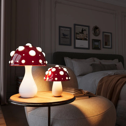 Mushroom Table Lamp | Red Toadstool Bedside Lamp for Bedroom, Kids Room & Living Room | 3-Colour Dimmable LED, White, Wood or Dark Gold, UK Plug