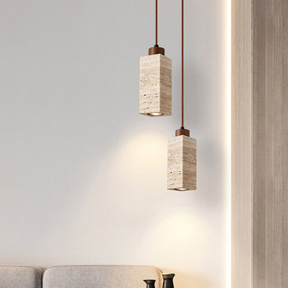 Pendant Light | Travertine Stone Column Lamp for Kitchen Island, Bedside & Hallway | Round or Square Wabi Sabi, Walnut Cap, 18.5cm or 23cm
