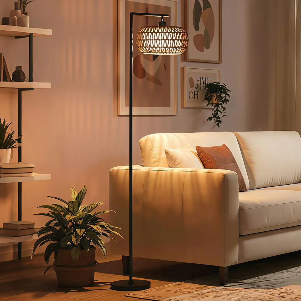 Floor Lamp | Boho Arc Lamp with Woven Paper Rope Shade for Living Room & Bedroom | Remote & Foot Switch, Dimmable 3-Colour LED, Black