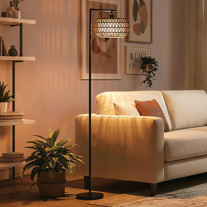 Floor Lamp | Boho Arc Lamp with Woven Paper Rope Shade for Living Room & Bedroom | Remote & Foot Switch, Dimmable 3-Colour LED, Black