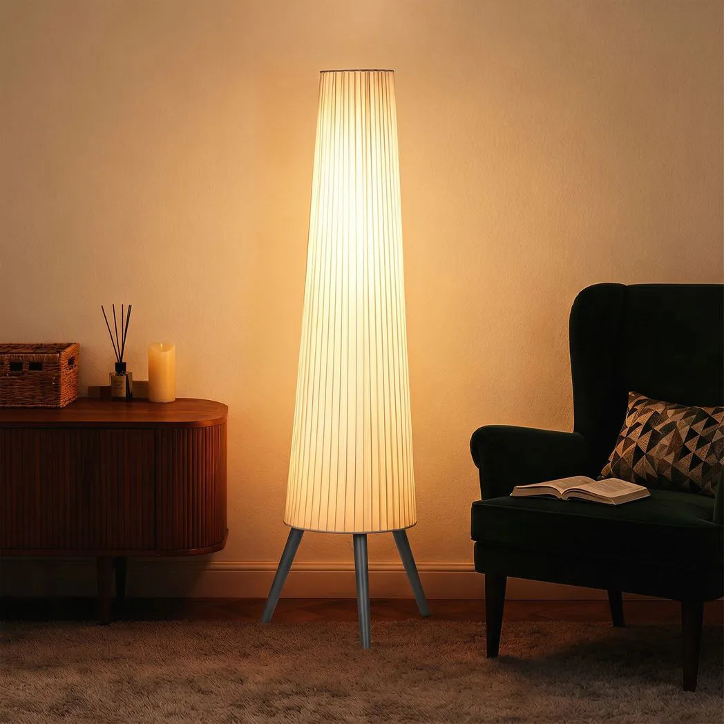 Tripod Floor Lamp | Nordic Standing Lamp with Striped Fabric Shade for Living Room, Bedroom & Reading Nook | 3-Level Dimmable LED, Foot Switch, 153cm