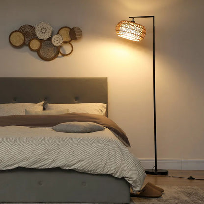 Floor Lamp | Boho Arc Lamp with Woven Paper Rope Shade for Living Room & Bedroom | Remote & Foot Switch, Dimmable 3-Colour LED, Black