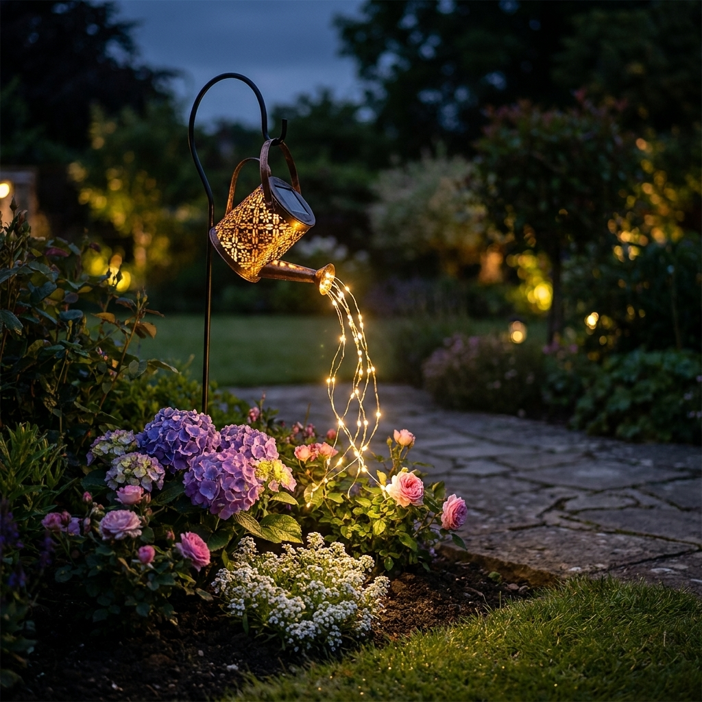 Solar watering can garden light glowing at night in an English garden setting