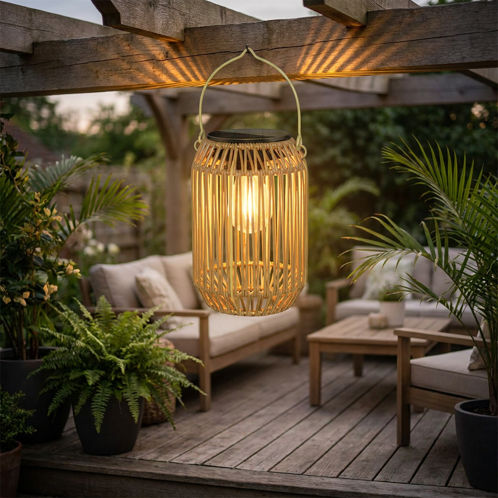 Rattan bamboo solar hanging lantern glowing warmly on a garden patio at dusk