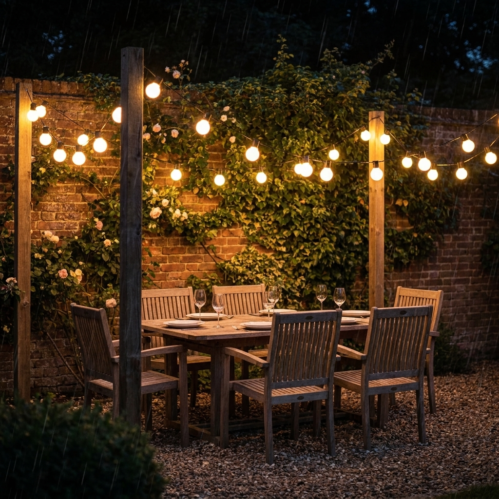 Warm white festoon Edison bulb string lights strung across a garden patio at night