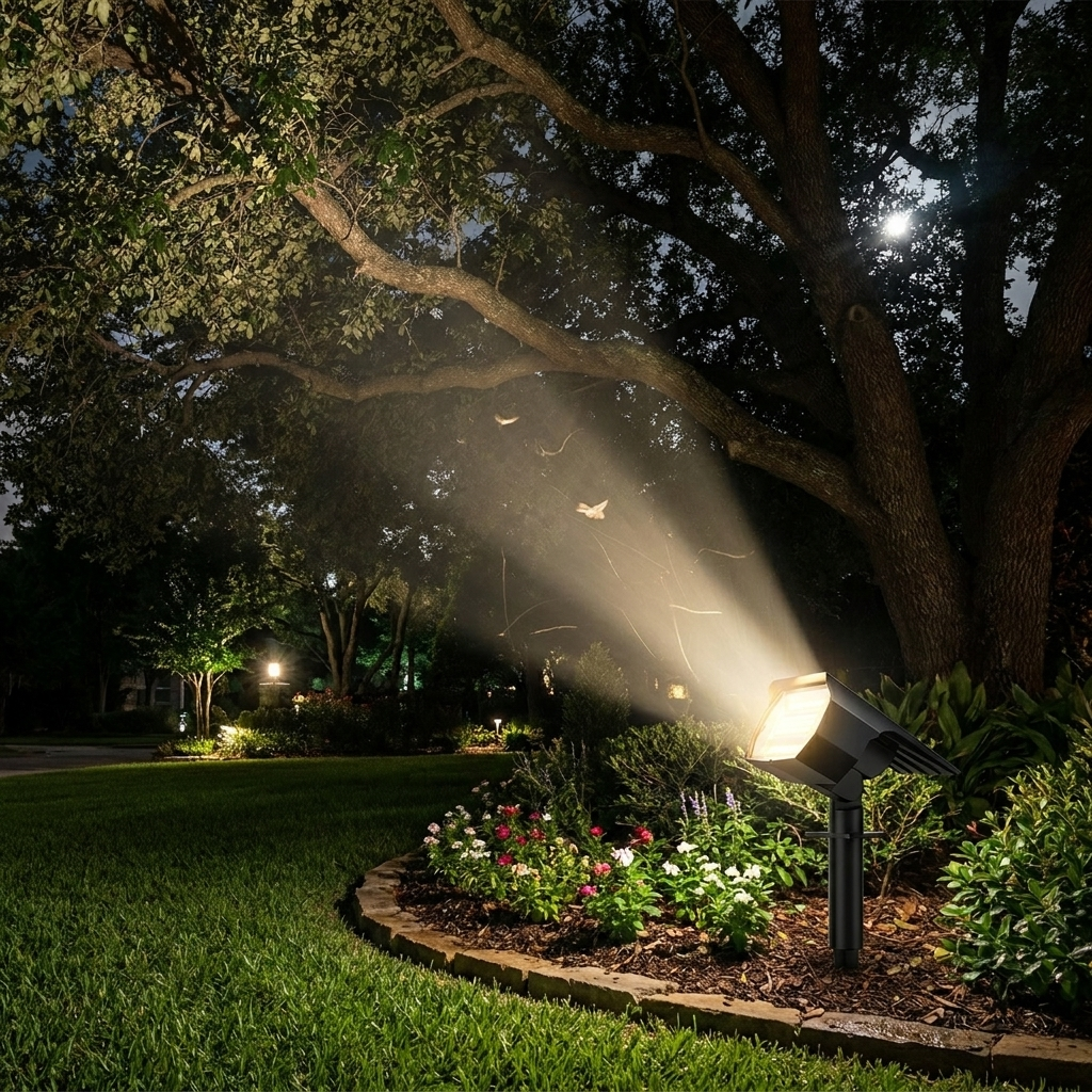 Solar garden spotlight illuminating a tree at night in a landscaped garden
