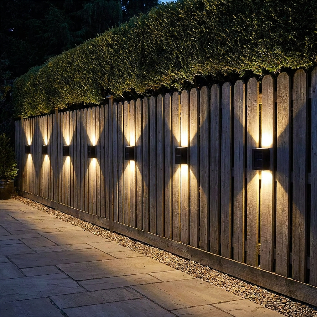 Solar wall washer lights mounted on garden fence casting warm up-down light beams at night