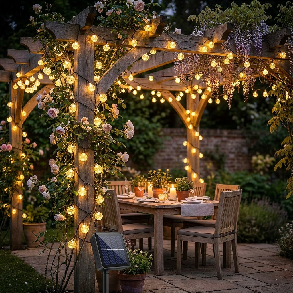 Solar crystal globe fairy lights wrapped around a garden pergola at night with warm sparkling effect