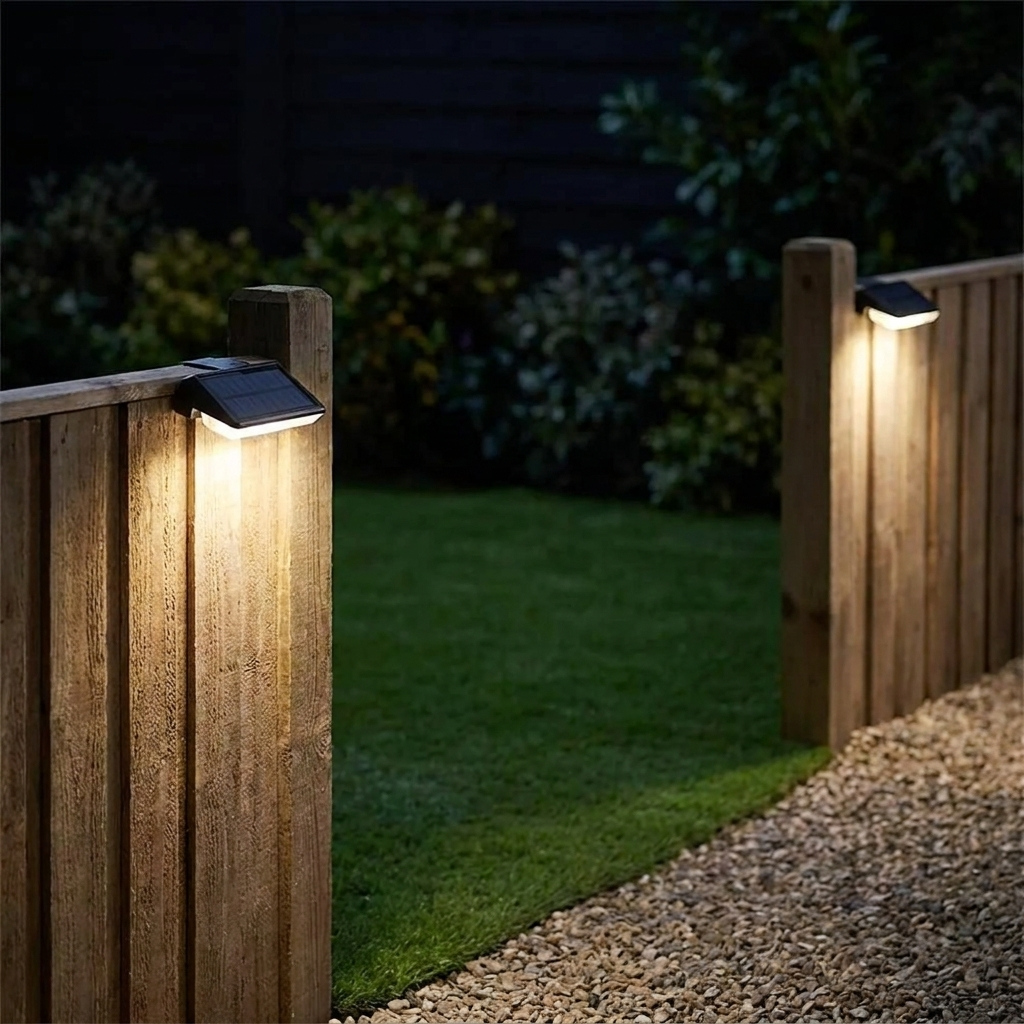 Solar wall lights mounted on garden fence posts casting warm downward glow at night