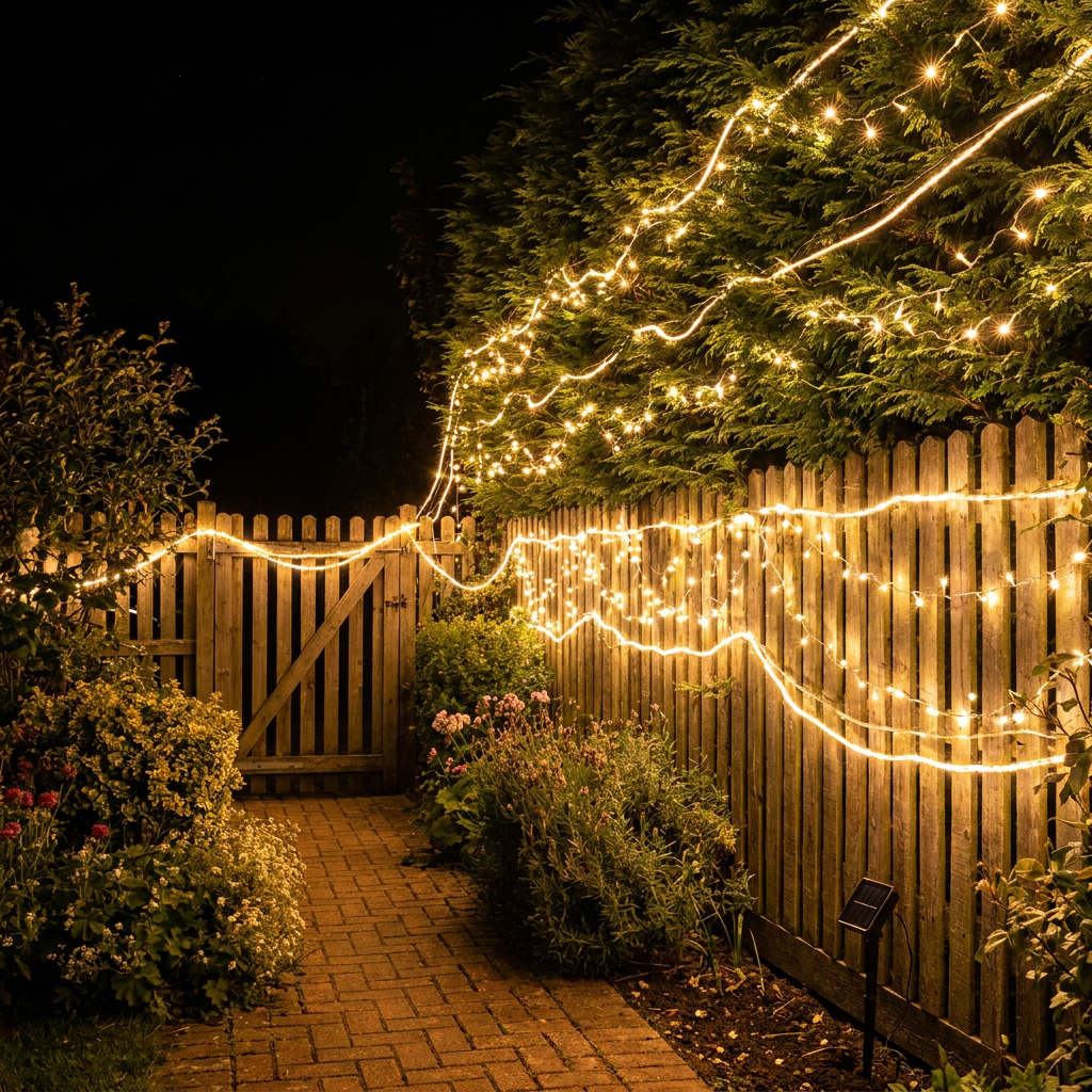 Solar fairy string lights draped along a garden fence creating a twinkling pathway effect at night