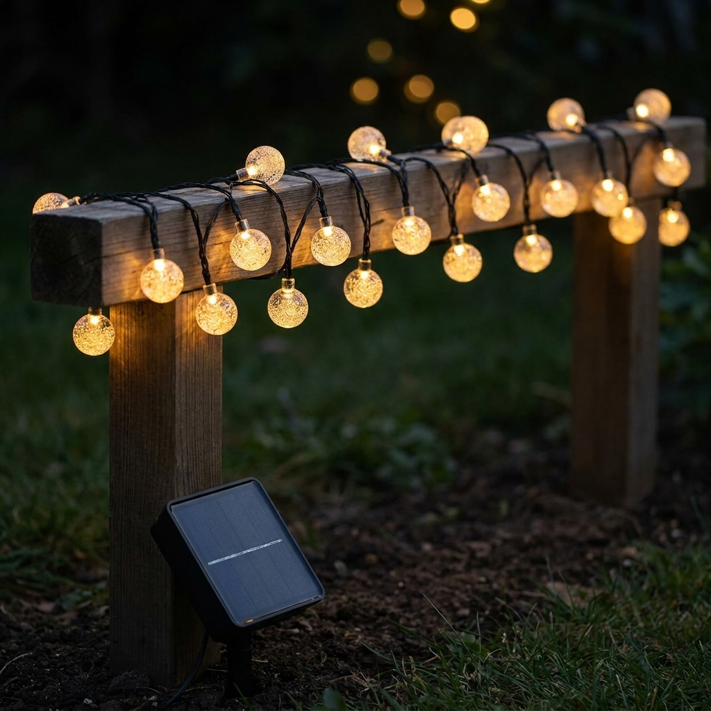 Solar crystal globe string lights illuminating garden patio at night