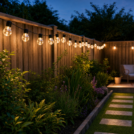 Solar globe fairy string lights illuminating garden patio with warm white glow