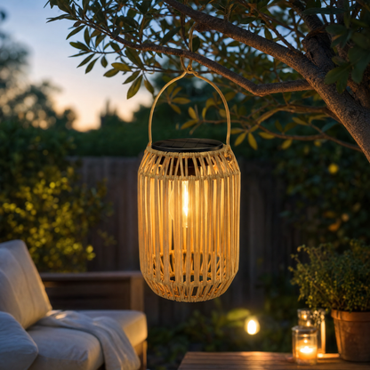 Solar rattan hanging lantern with warm boho glow in garden patio