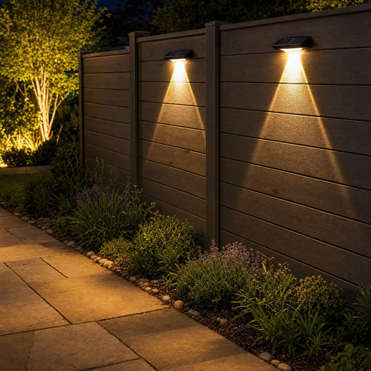 Solar wall lights mounted on garden fence and deck post illuminating pathway