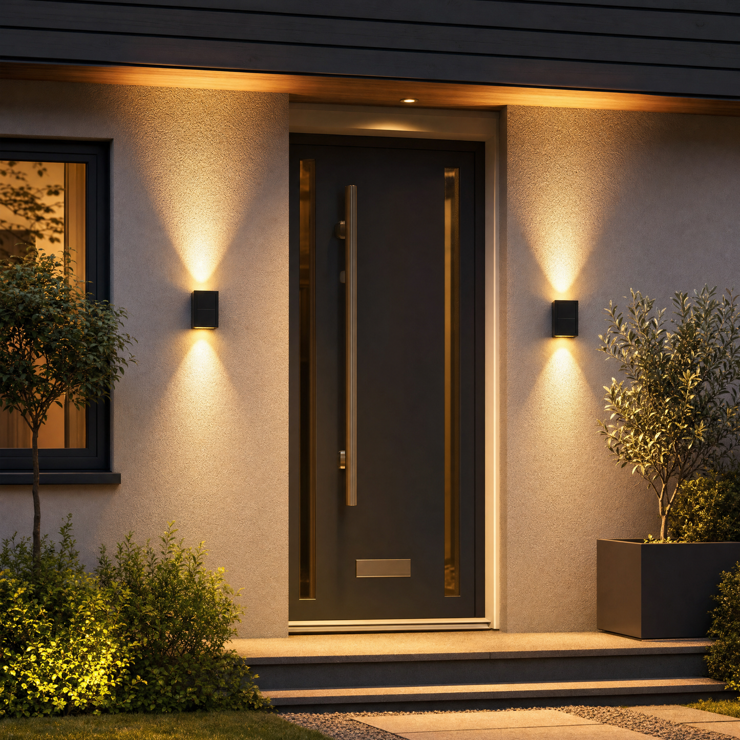 Solar wall washer light creating dramatic up and down beam effect on garden wall