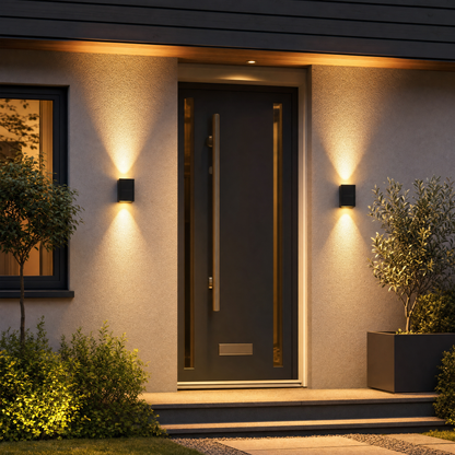 Solar wall washer light creating dramatic up and down beam effect on garden wall