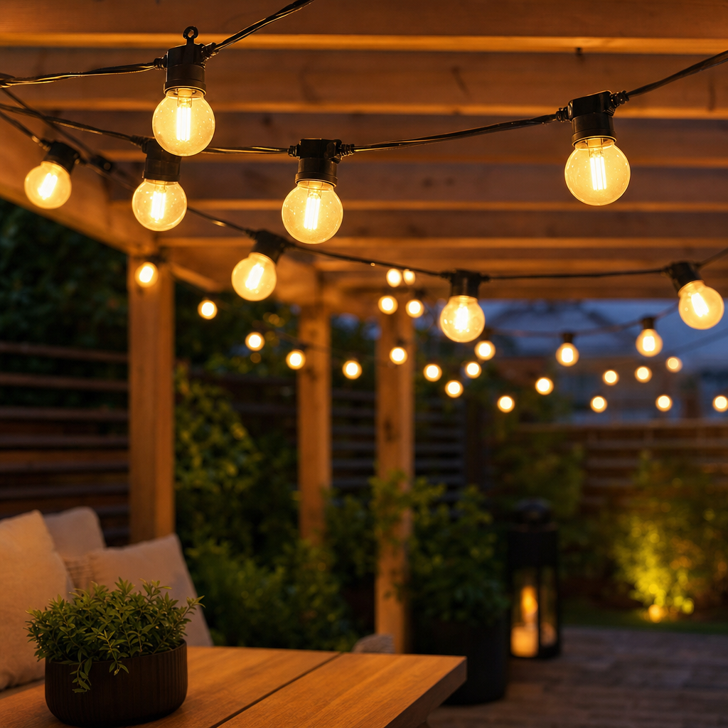 Solar festoon string lights 10m draped across garden patio with warm white Edison bulbs glowing