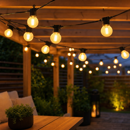 Solar festoon string lights 10m draped across garden patio with warm white Edison bulbs glowing