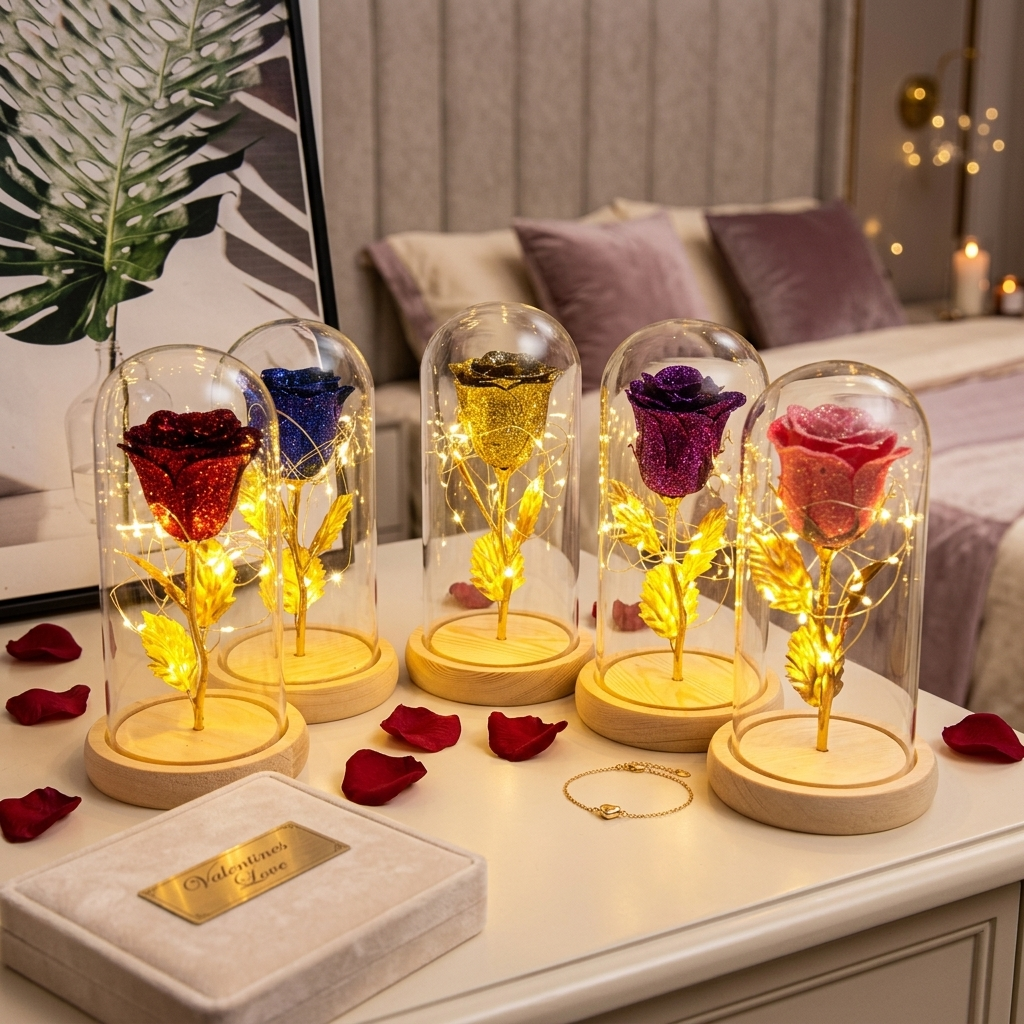 Preserved rose LED night light in glass dome on elegant bedside table, romantic evening atmosphere