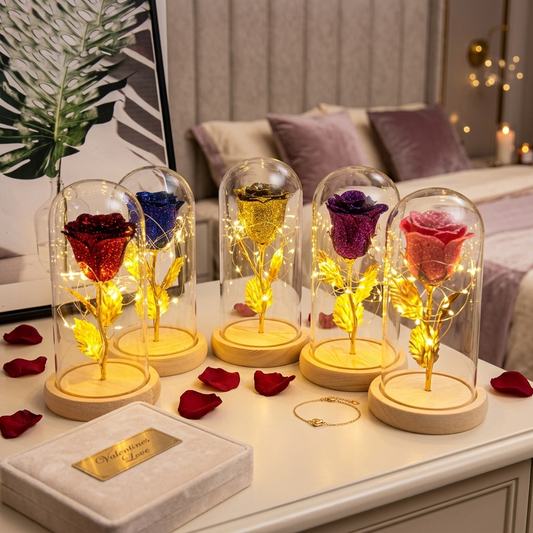 Preserved rose LED night light in glass dome on elegant bedside table, romantic evening atmosphere