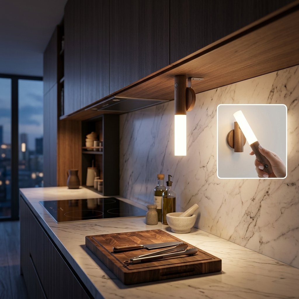 PIR motion sensor LED light mounted under kitchen cabinet illuminating marble countertop, modern kitchen