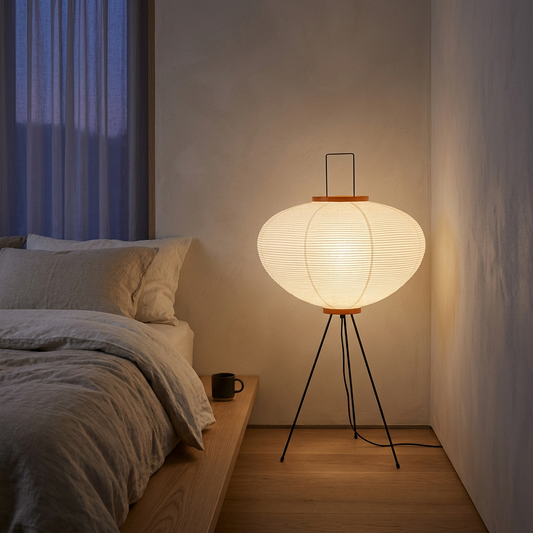 Japanese wabi sabi paper floor lamp glowing warmly in a serene minimalist bedroom