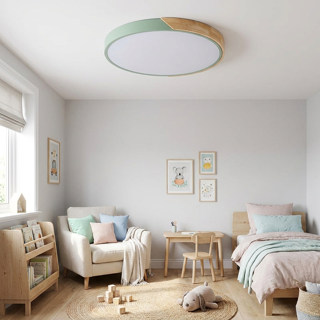 Macaron round LED ceiling light pastel green wooden frame children bedroom lifestyle