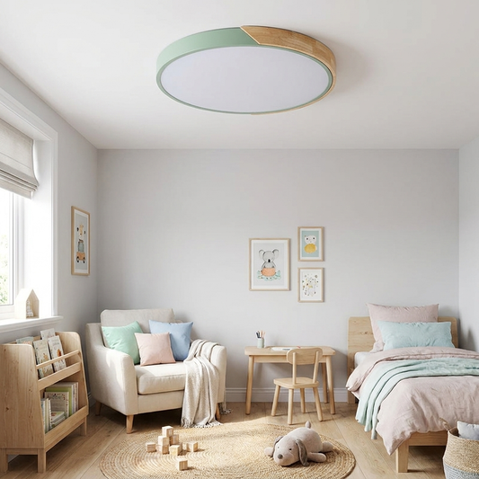 Macaron round LED ceiling light pastel green wooden frame children bedroom lifestyle